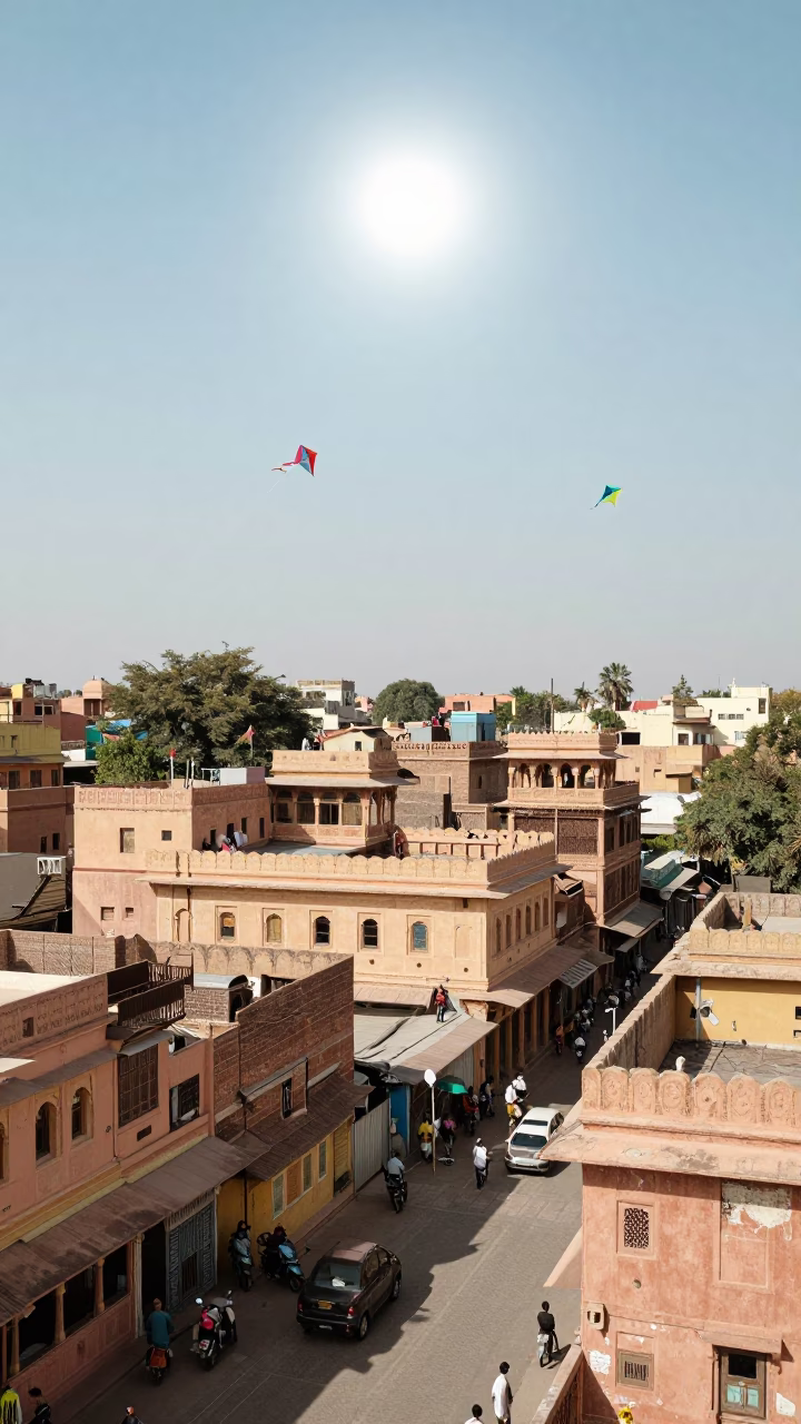 Flat Noon Light Over Jaipur Pink City Streets With Kites Flying in in Jaipur, India