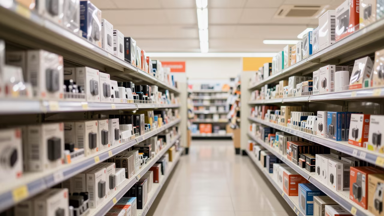 Flat Noon Light on Retail Radio Charger Rail in inside a bright retail aisle near Karaman