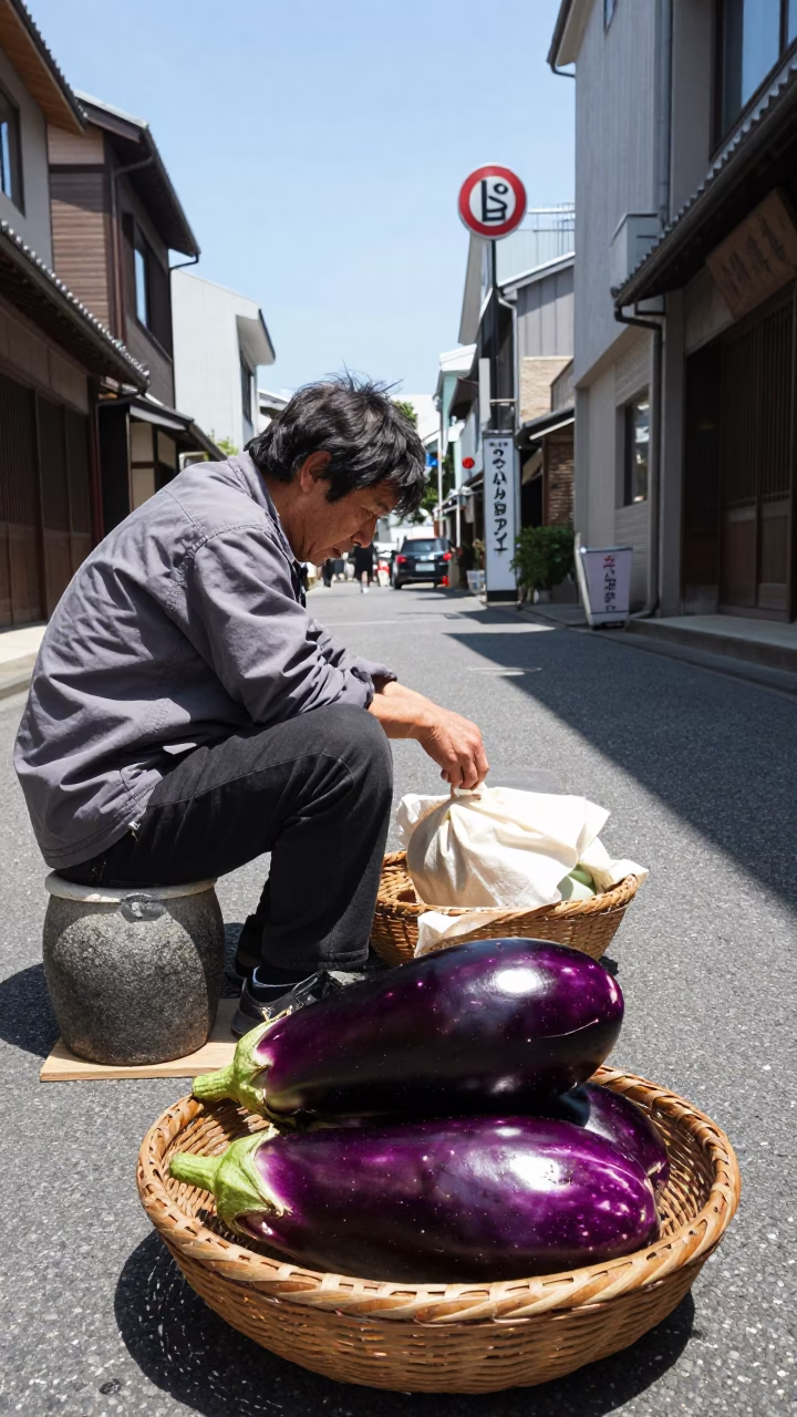 Flat Noon Light Street Scene in Osaka Japan with Eggplants and Stoneware in in Osaka, Japan
