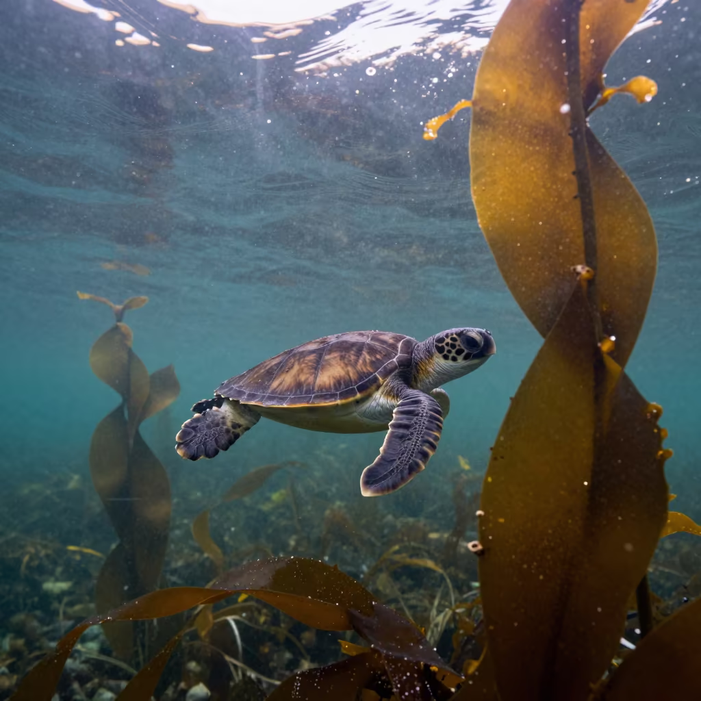 Flatback Turtle Hatchling in Kelp Forest in through a forest of kelp fronds in British Columbia