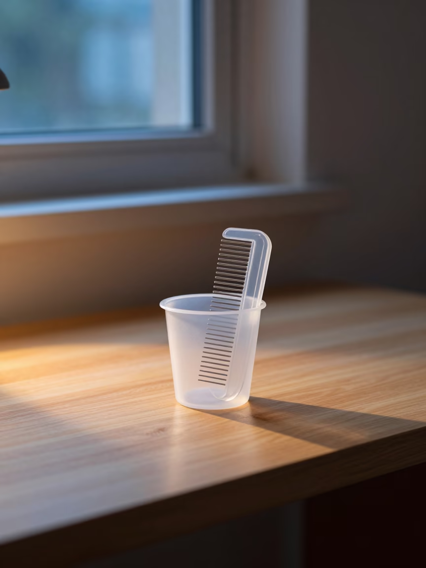 Flea Comb Cup on Desk in Evening Light in on a writing desk in Elche