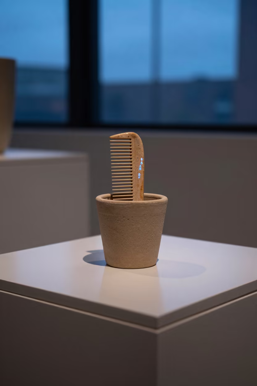 Flea Comb Cup on Museum Plinth Evening in on a museum plinth near Leeds