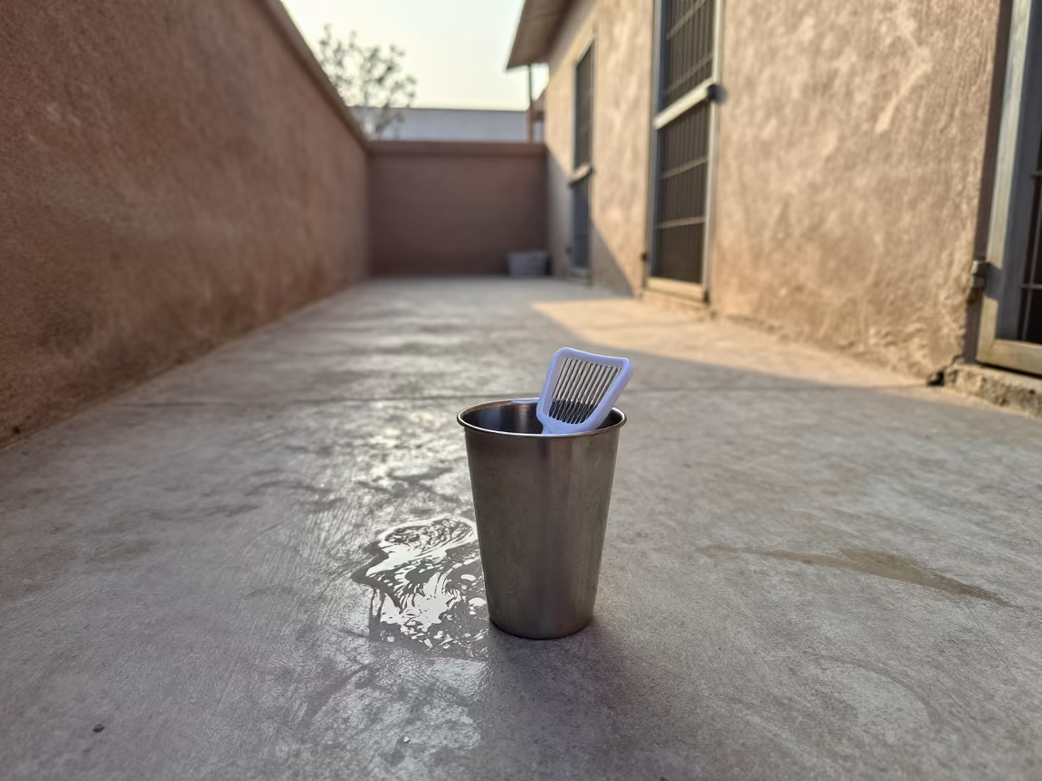 Flea Comb Sanitizer Cup in Dawn Kennel Light in in a boarding kennel corridor near Multan