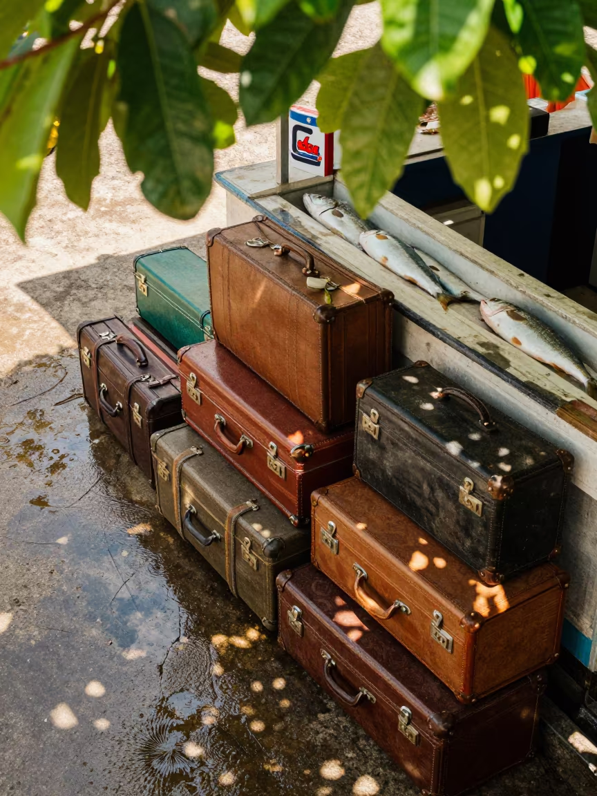 Flea Market Suitcases Under Noon Leaves in beside a fish counter in Barranquilla