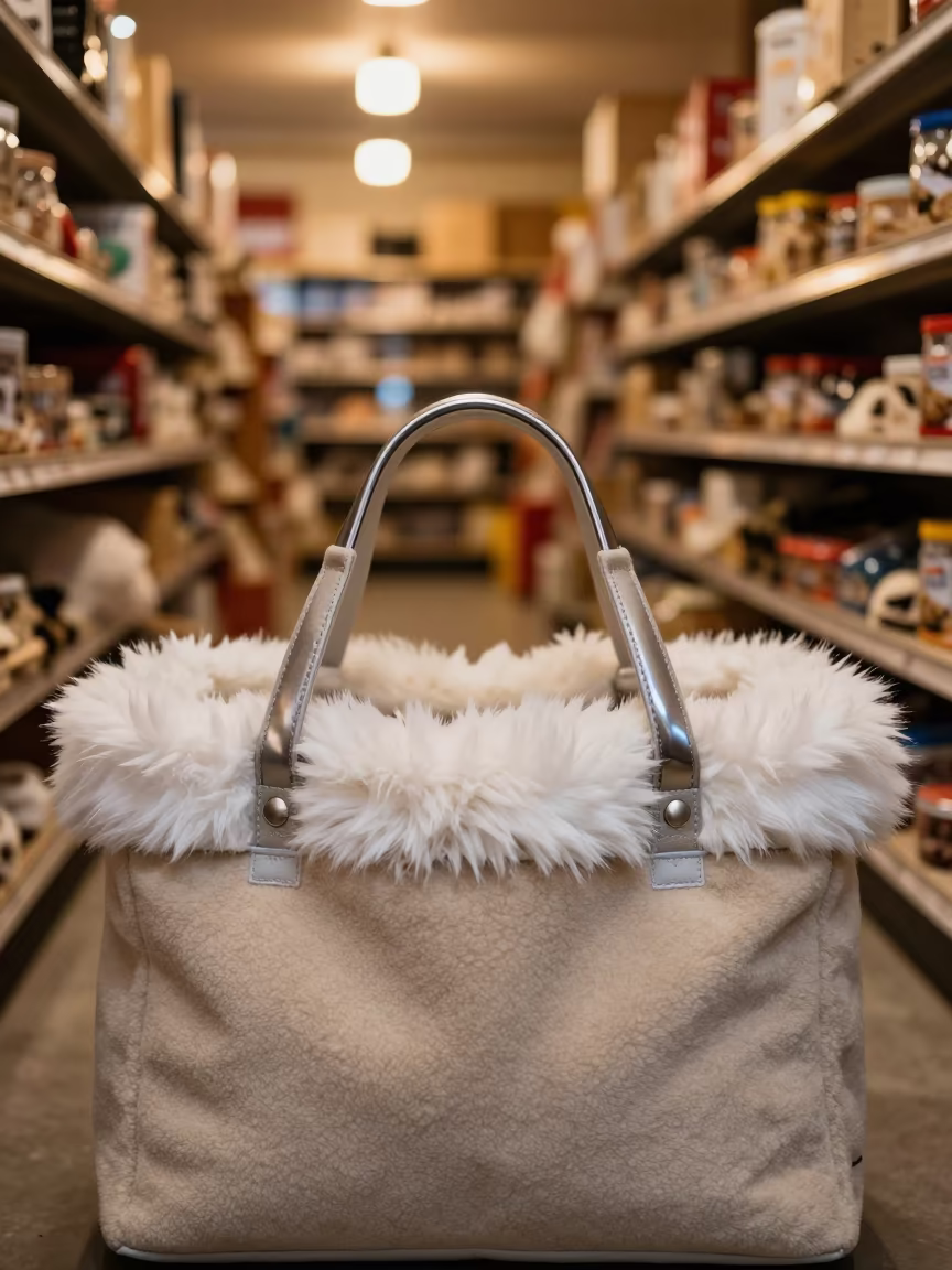 Fleece Cat Toy Tote Under Warm Light in inside a pet store aisle in Damanhur