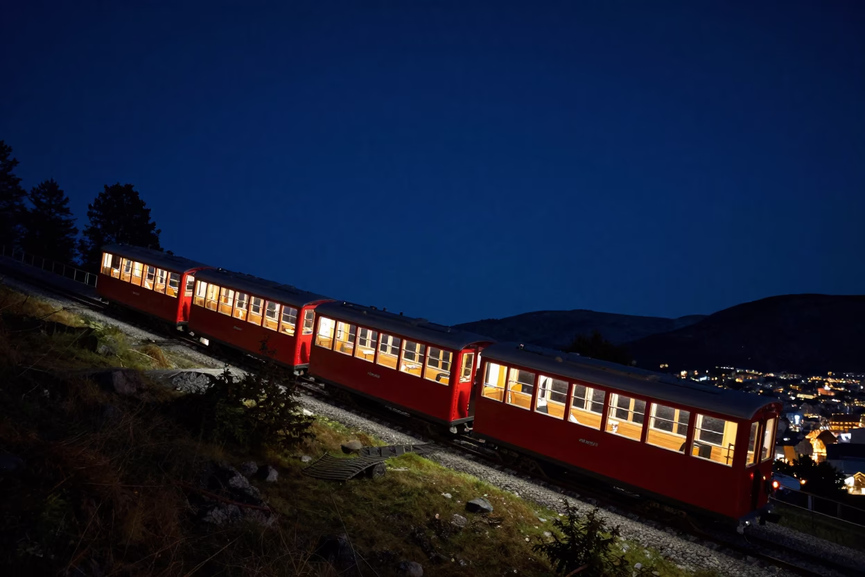 Fløibanen Train in Bergen at The Deepest Night Sky Light in in Bergen, Norway