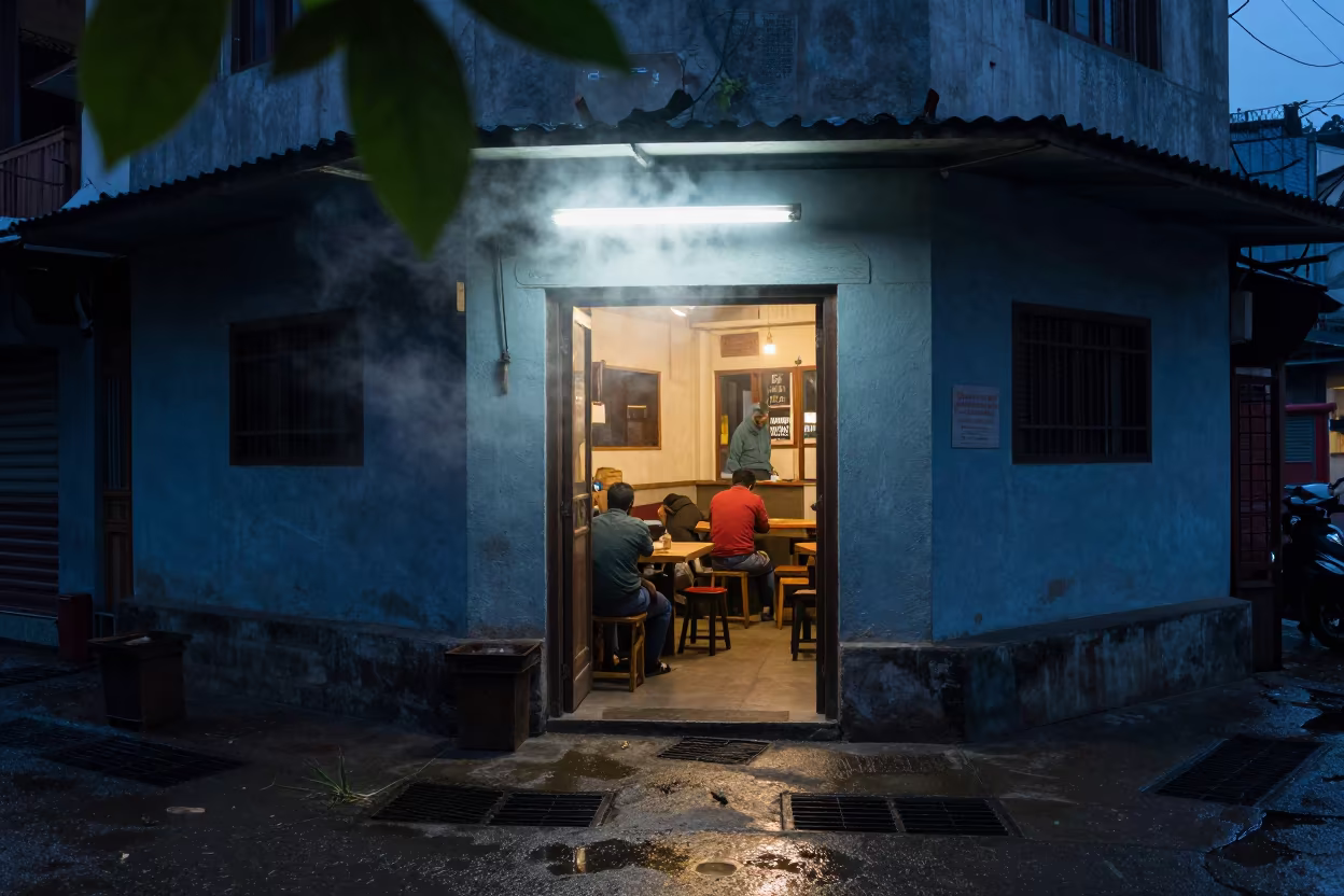 Flickering Light Over Satna Cafe Alley in outside a corner cafe in Satna