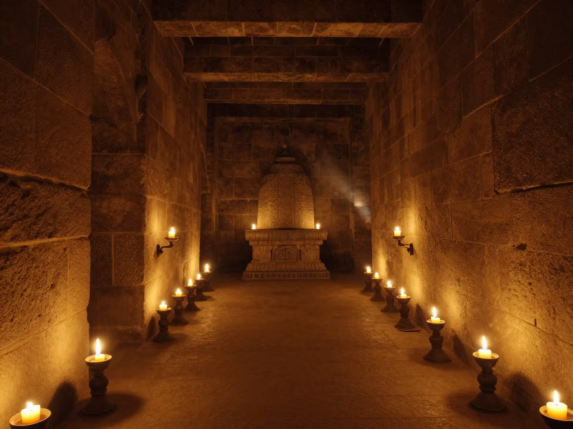Flickering Oil Lamps in Namangan Stone Temple in at the foot of a stone altar in Namangan