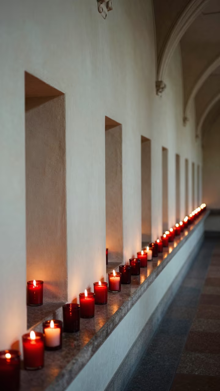 Flickering Votive Candles in Red Glass Niche in along a monastery corridor in Back Bay, Boston
