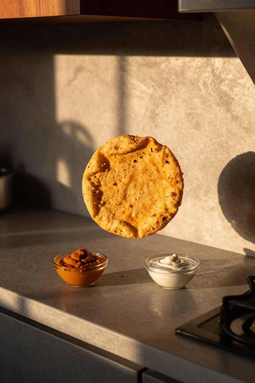 Floating Aloo Tikki Plate at Golden Hour in on a kitchen worktop in Libertad