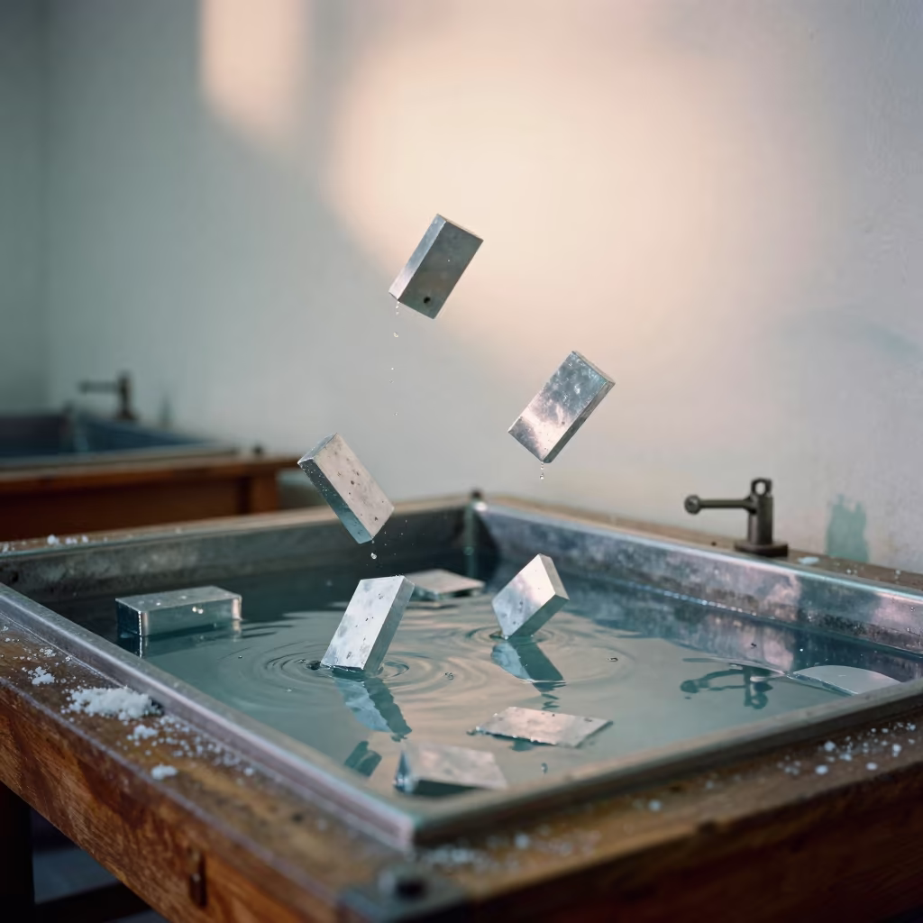 Floating Aluminum in Anodizing Tank Dawn in on a wooden workbench in San Salvador de Jujuy