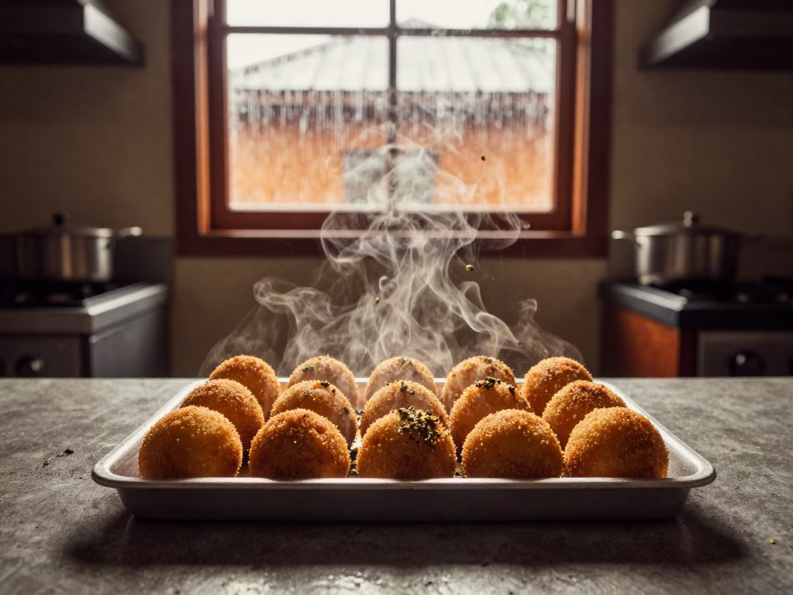 Floating Arancini in Suva Kitchen in on a kitchen worktop in Suva