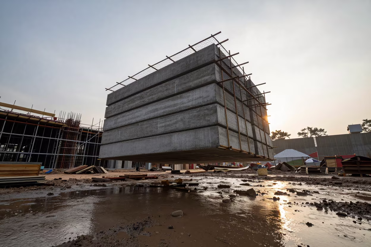 Floating Concrete Stacks Manila Construction in at a muddy site access road near Manila