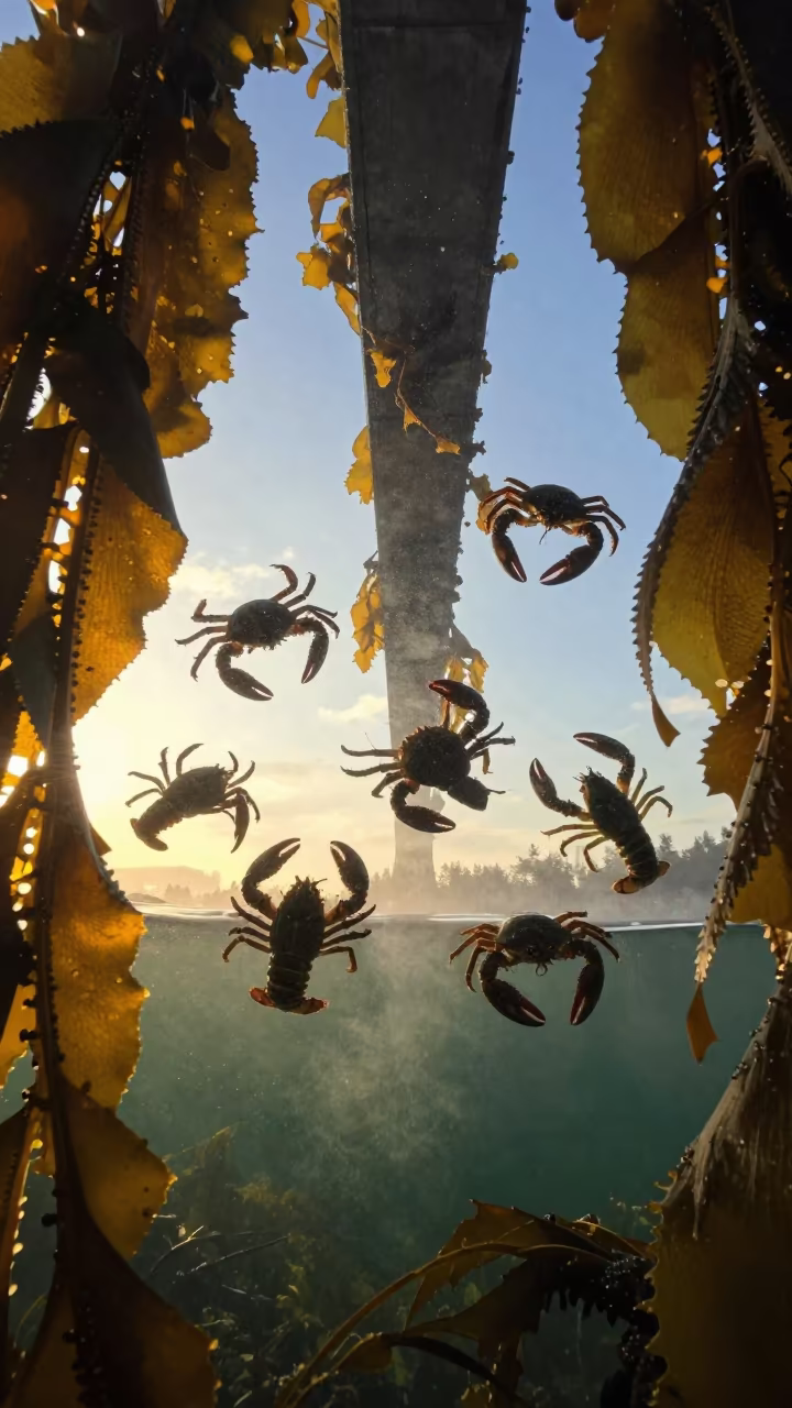 Floating Crabs Lobsters Kelp British Columbia Sunset in through a forest of kelp fronds in British Columbia