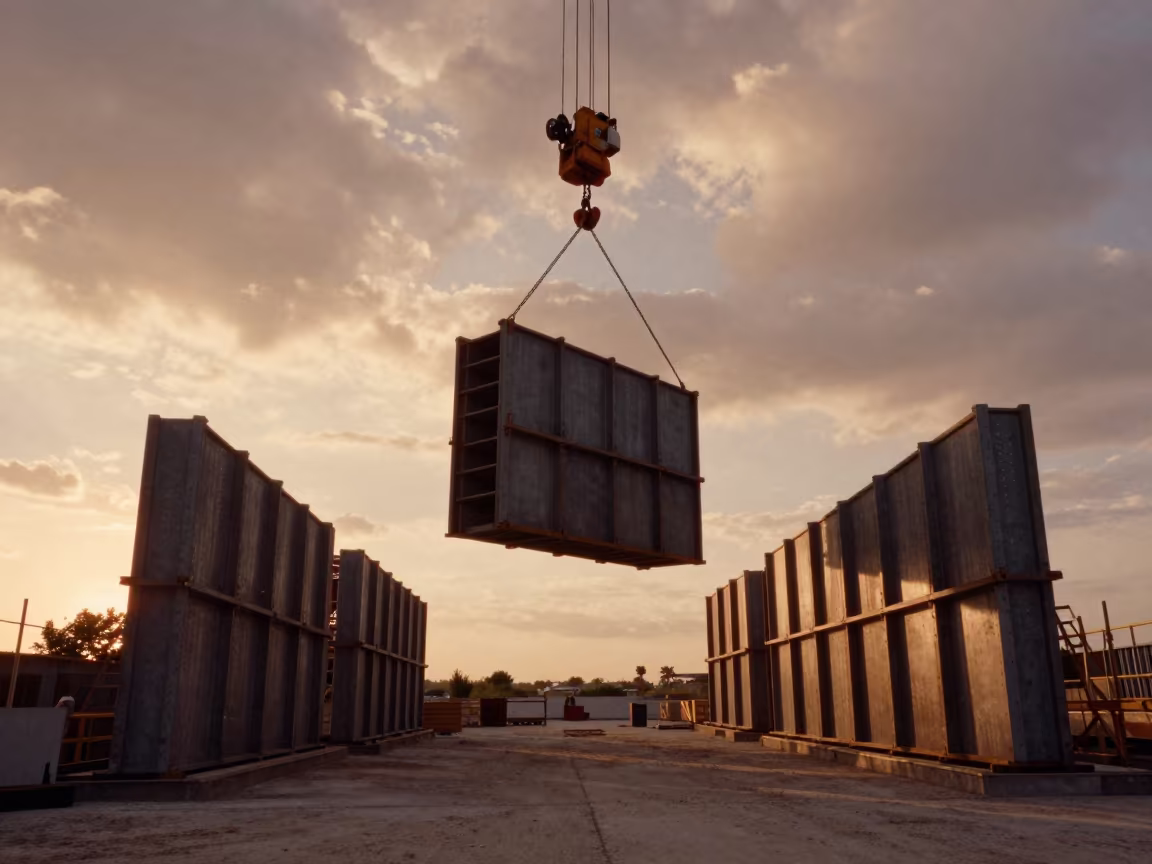 Floating Crane Wall Provence Amber Light in across an active works site in Provence