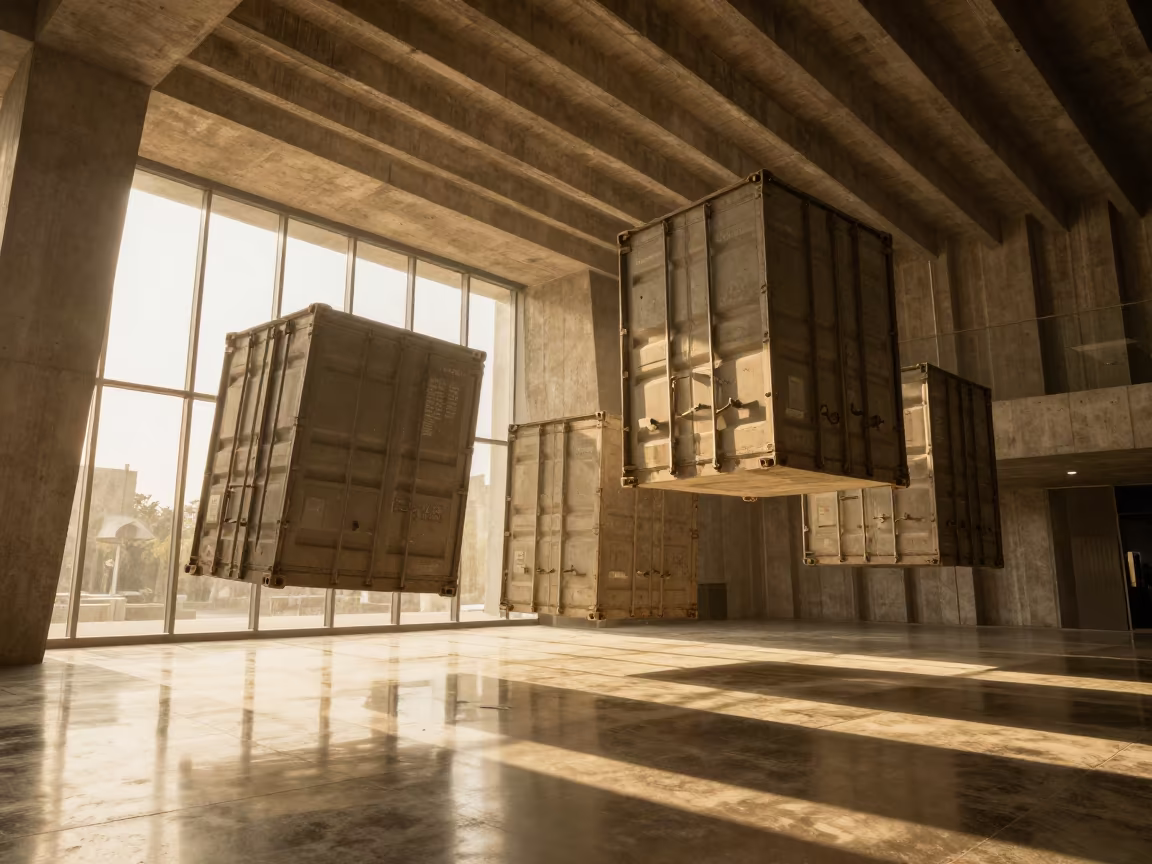 Floating crates in amber Mogadishu lobby light in inside a ribbed concrete lobby in Mogadishu