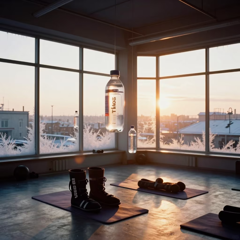 Floating Fitness Gear in Winter Sunset Lounge in inside a yoga studio before the session begins in Kyiv