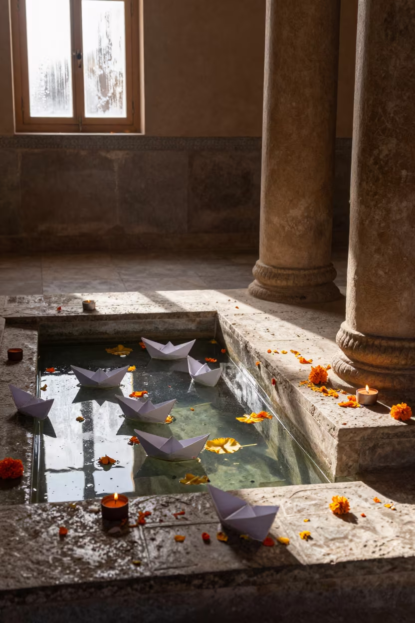 Floating Flower Offerings on Sacred River in at the foot of a stone altar in Yazd