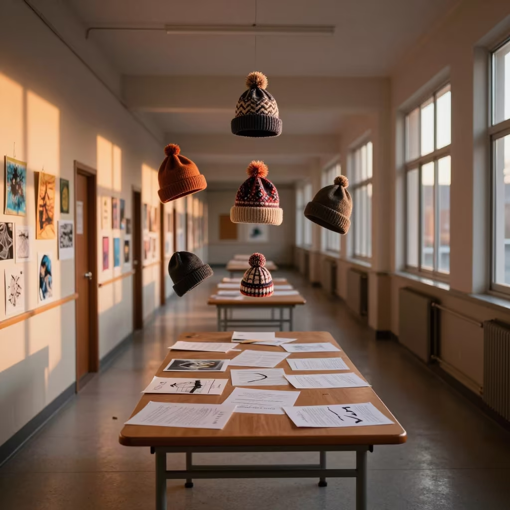 Floating Hats in Amber Light School Corridor in at a seminar table covered in notes in Rotterdam