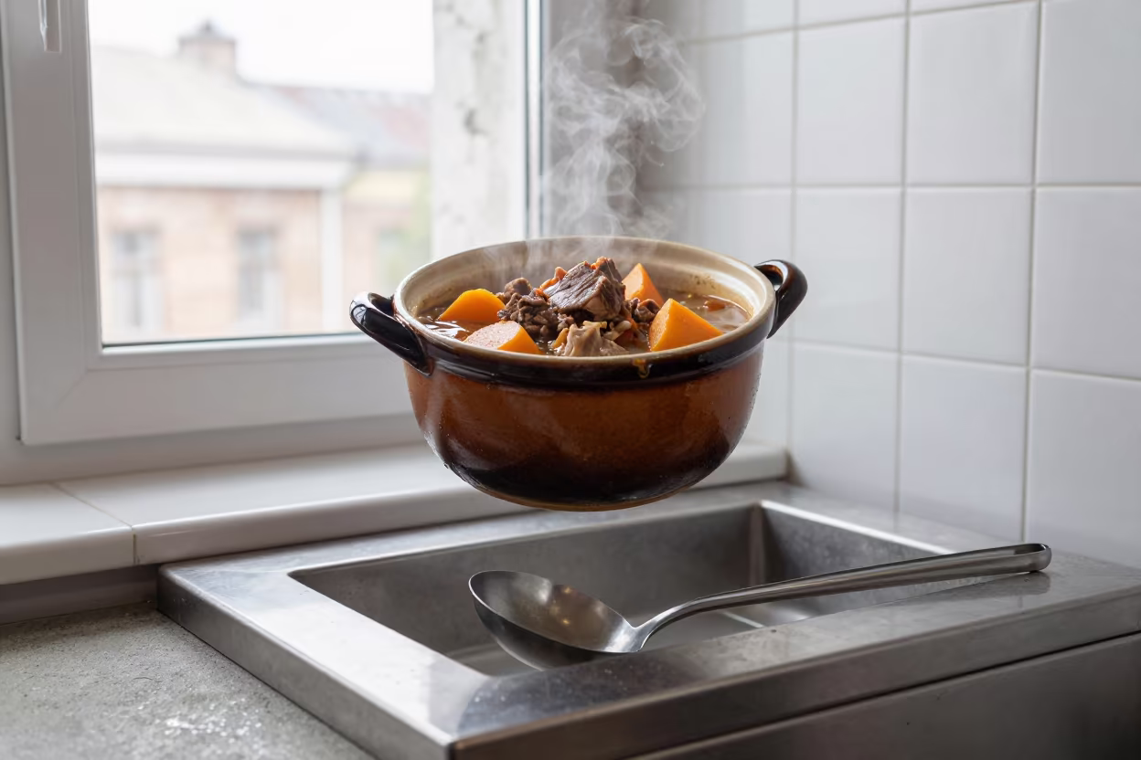 Floating Irish Lamb Stew in Kharkiv Noodle Shop in at a noodle counter in Kharkiv