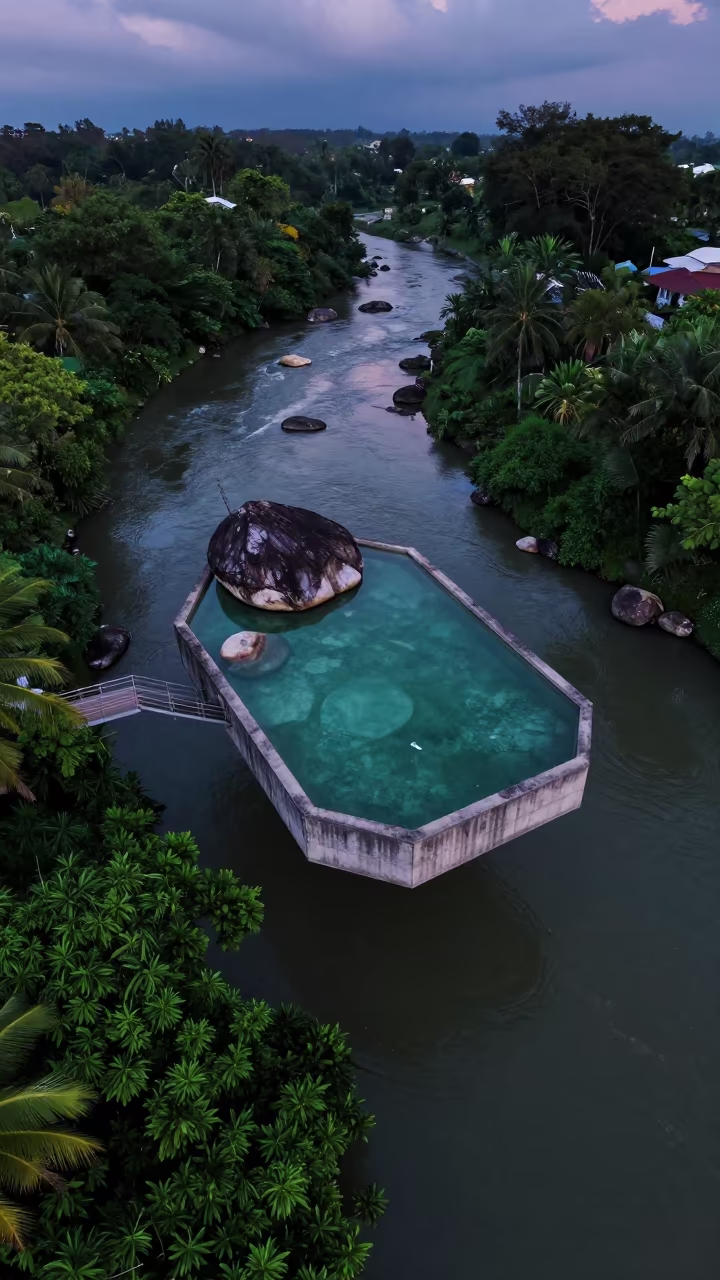 Floating Jade Lagoon Above Ipoh Twilight in far above river meanders near Ipoh
