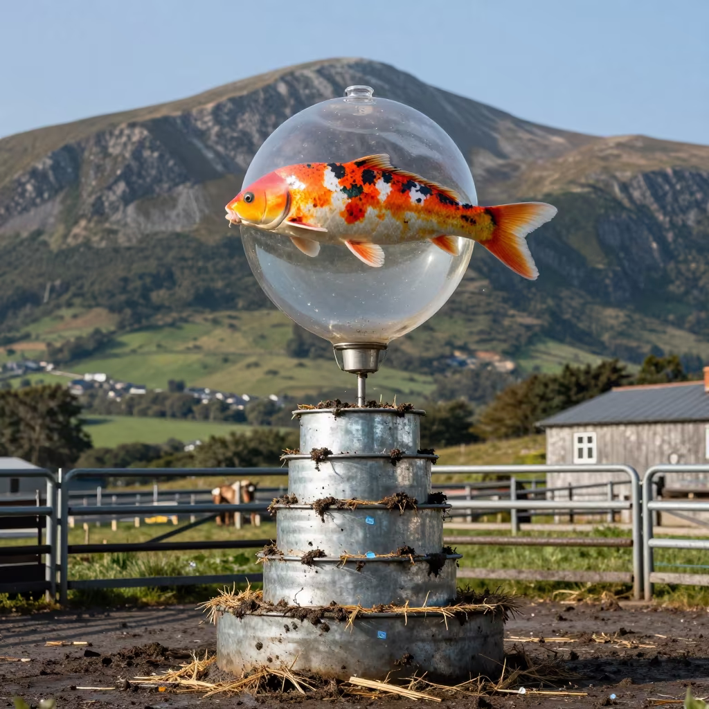 Floating Koi Over Welsh Ranch Feeder Stack in inside a ranch corral in Wales