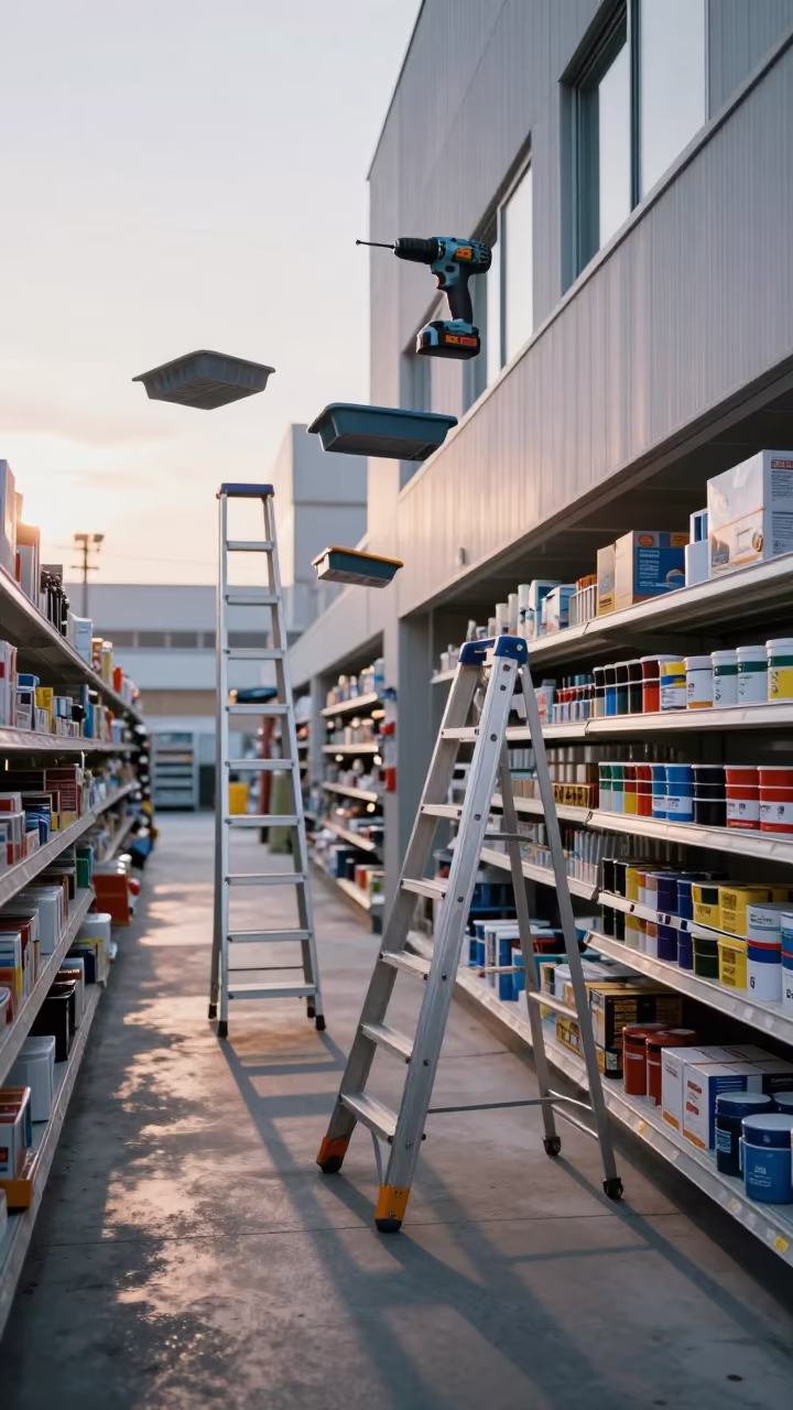 Floating Ladders in Sapporo Hardware Dawn in inside a bright retail aisle in Sapporo