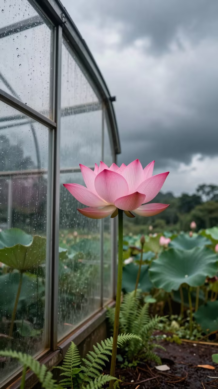 Floating Lotus Bloom in Rain-Slicked Greenhouse in on a fern-lined forest floor near Tinaquillo