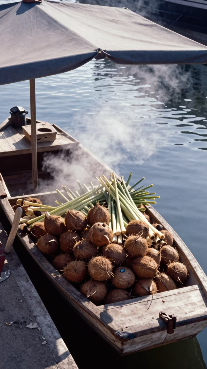 Floating Market Boat with Coconuts and Lemongrass in under a market canopy in Antwerp