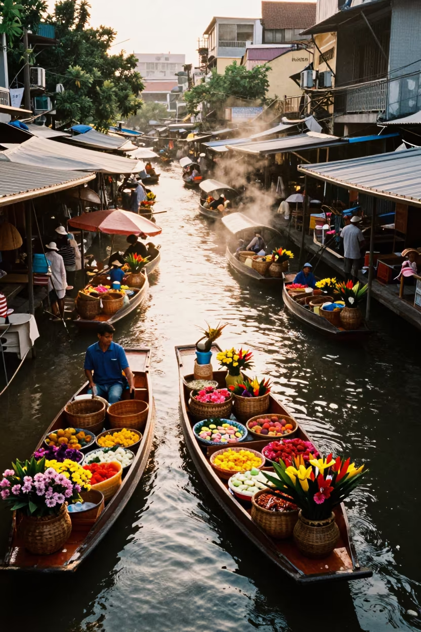 Floating Market Boats with Tropical Flowers in Ho Chi Minh City in in a flea market lane in District 4, Ho Chi Minh City