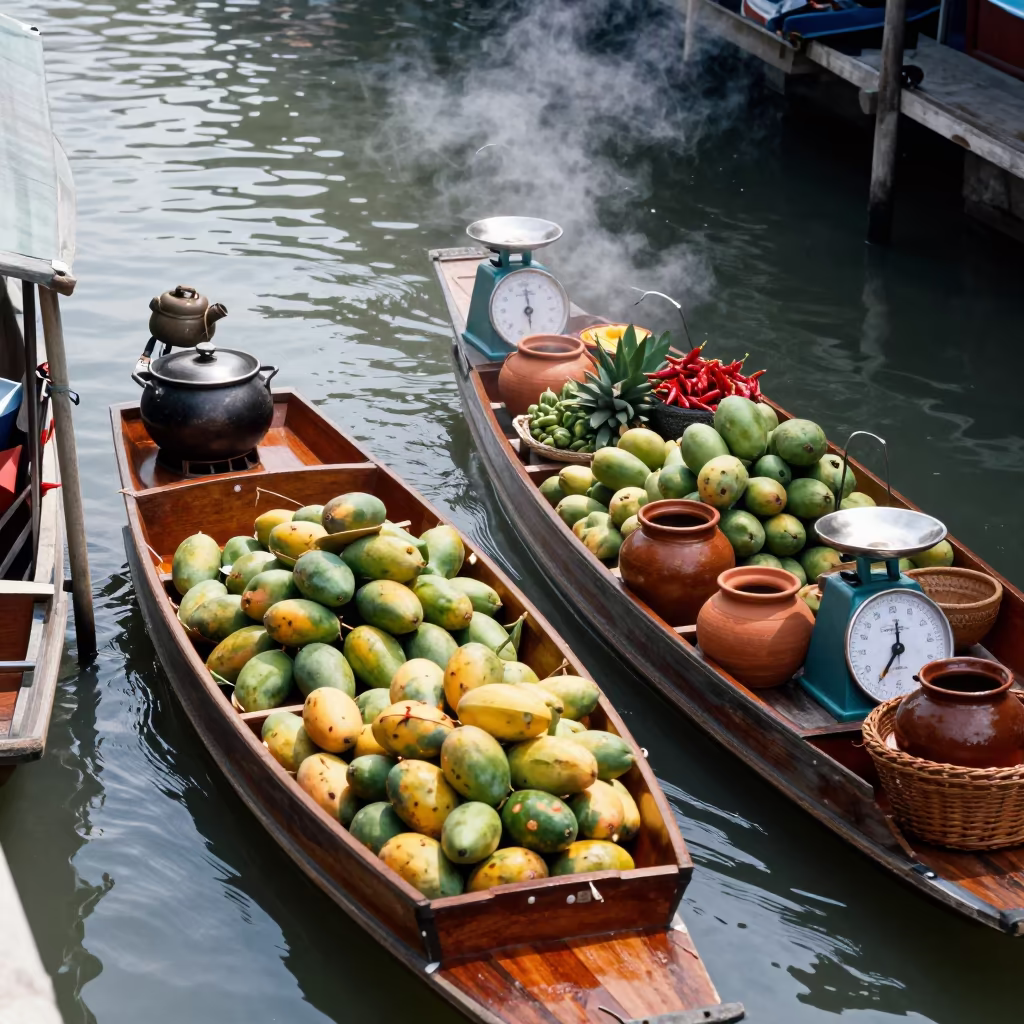 Floating Market Produce Boats Bangkok Midday in at a roadside fruit stand in Bangkok