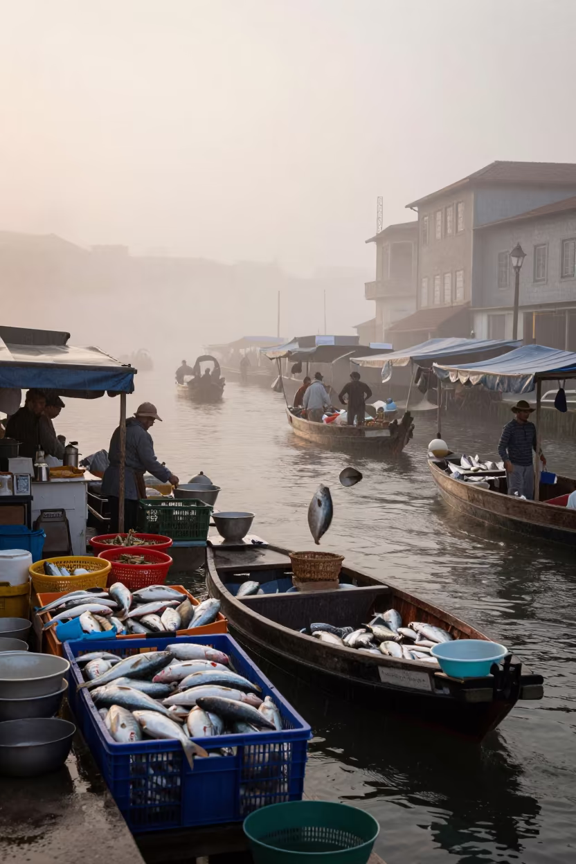 Floating Market Stalls in Misty Porto Dawn in beside a fish counter in Porto