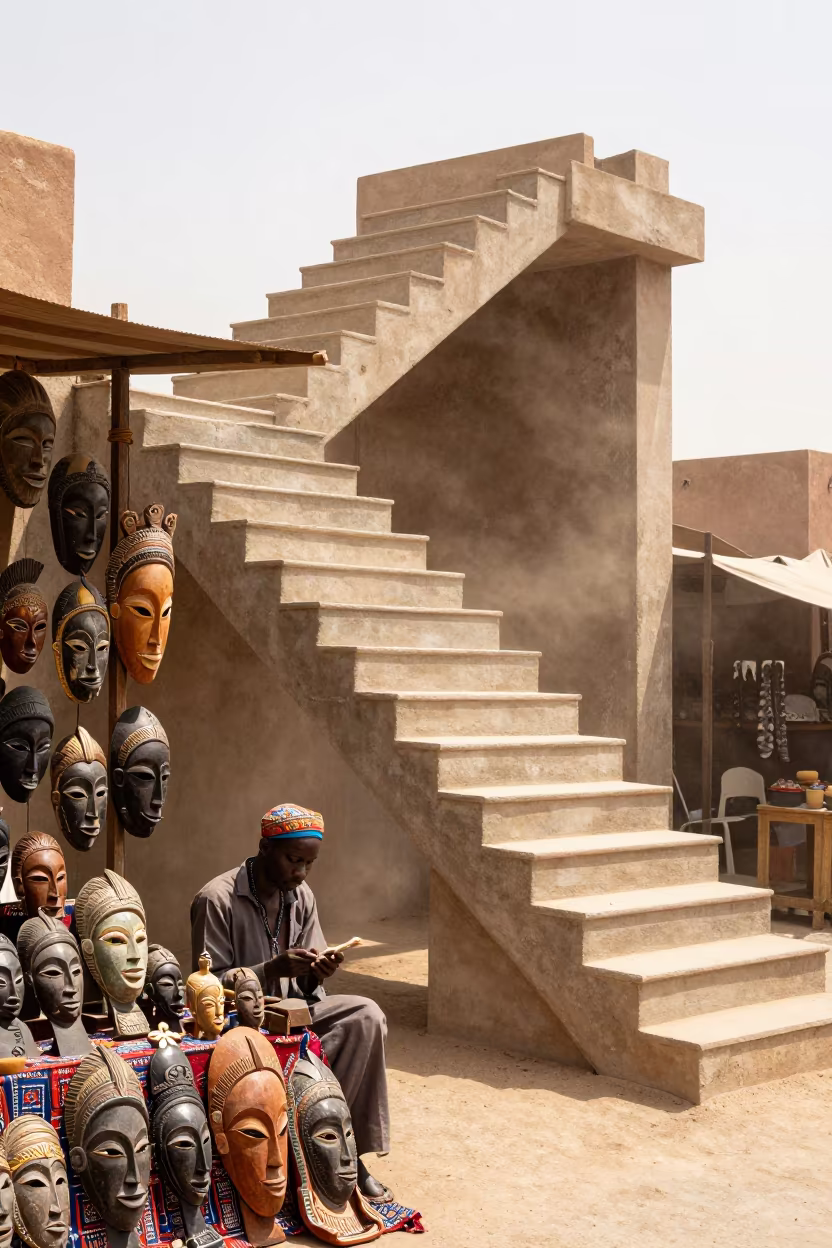 Floating Mask Vendor Staircase Jaipur Market in at a textile trader's stall in Jaipur