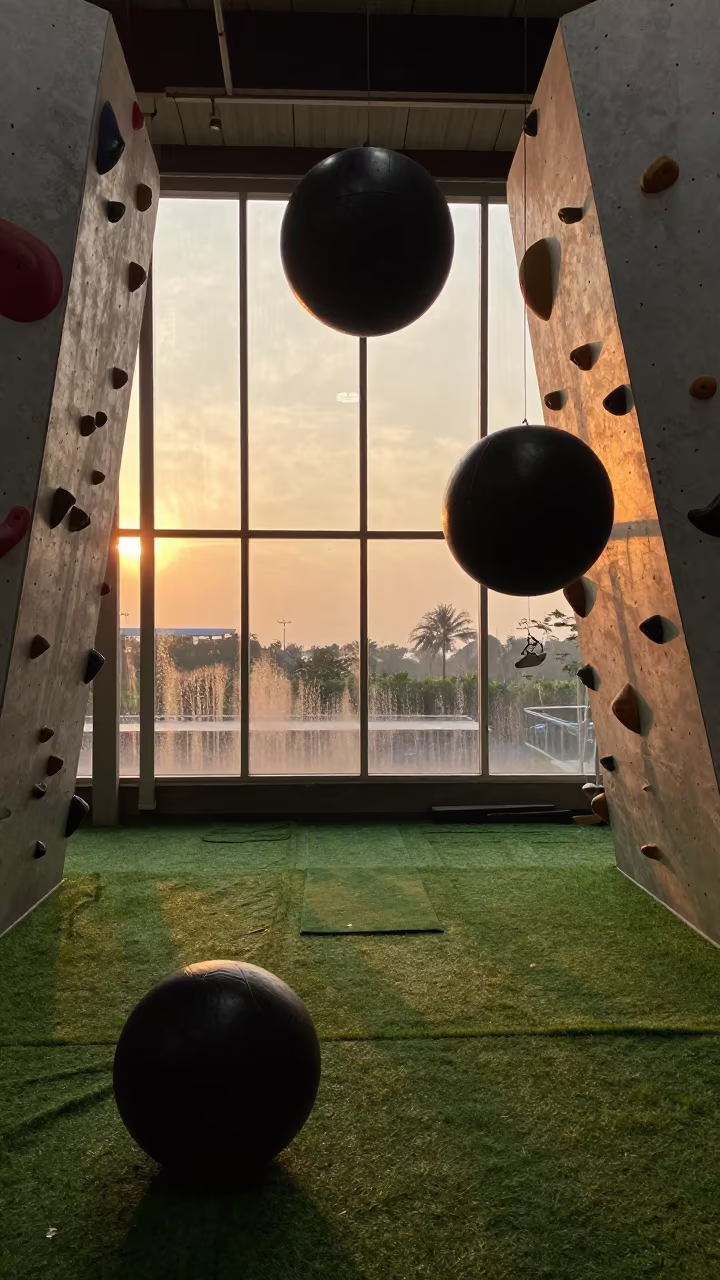Floating Medicine Balls in Jakarta Gym at Sunset in inside a climbing gym warmup zone in Jakarta