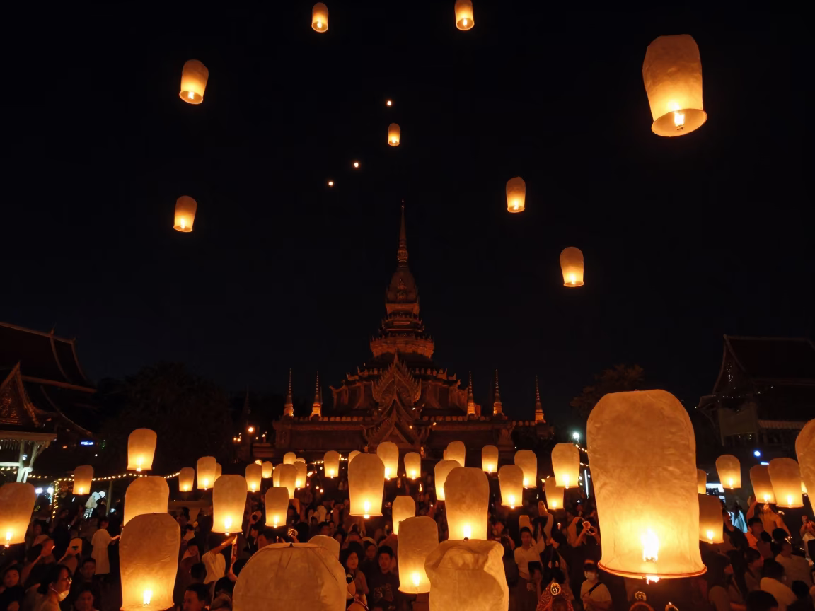 Floating Paper Lanterns in Chiang Mai in in Chiang Mai, Thailand