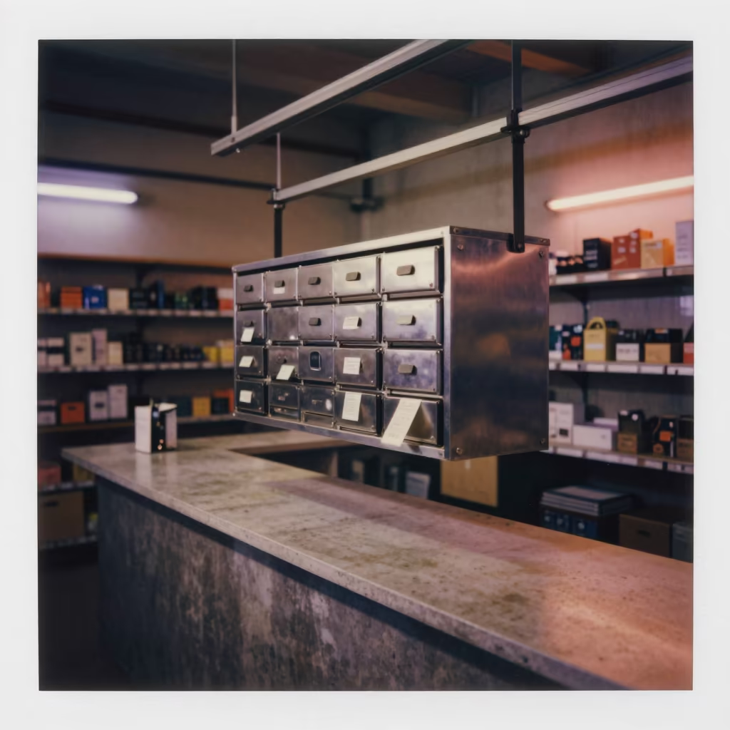 Floating Receipt Drawer in Santiago Stockroom in inside a stockroom behind the sales floor in Cerro Santa Lucia, Santiago