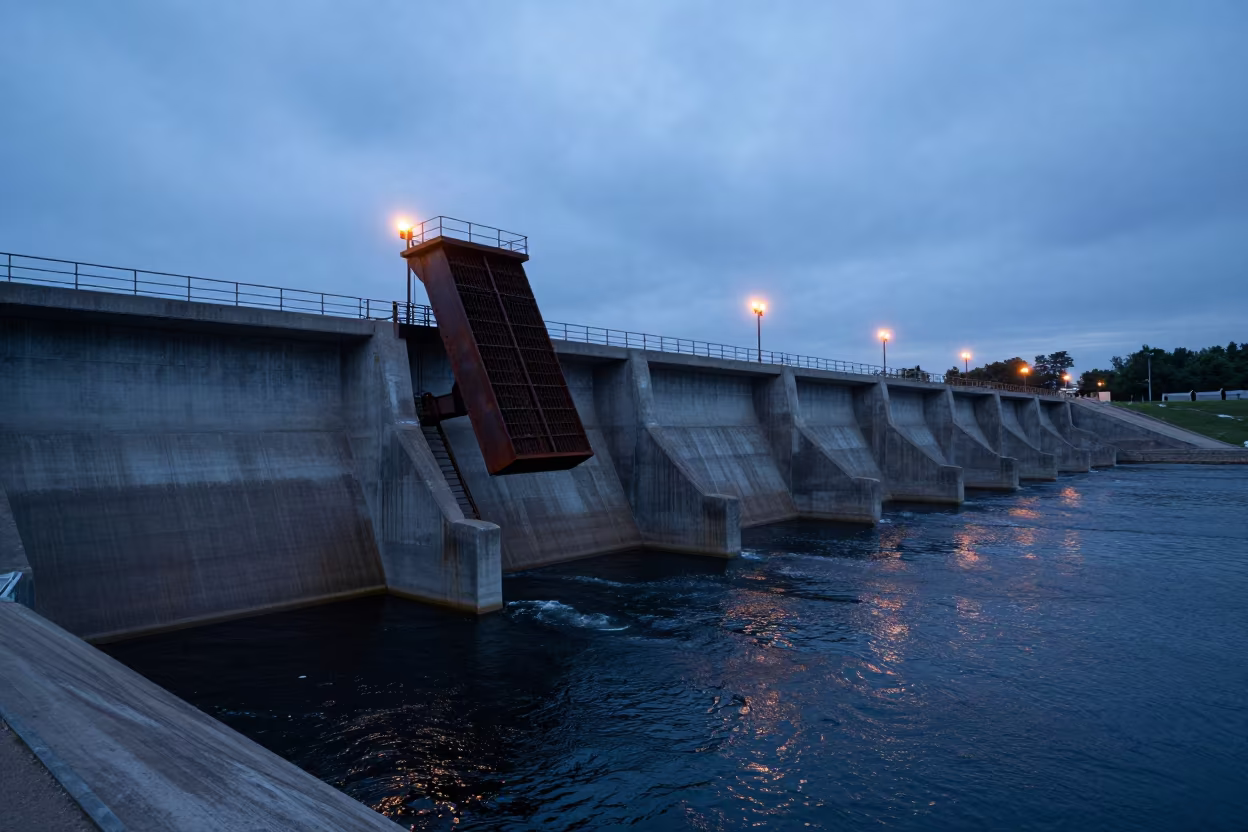 Floating Reservoir Intake Storm Evening Wisconsin in along a dam spillway in Wisconsin
