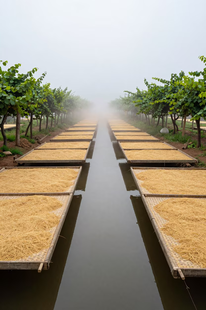 Floating Rice Harvest M'banza-Kongo Mist in between vineyard trellises near M'banza-Kongo