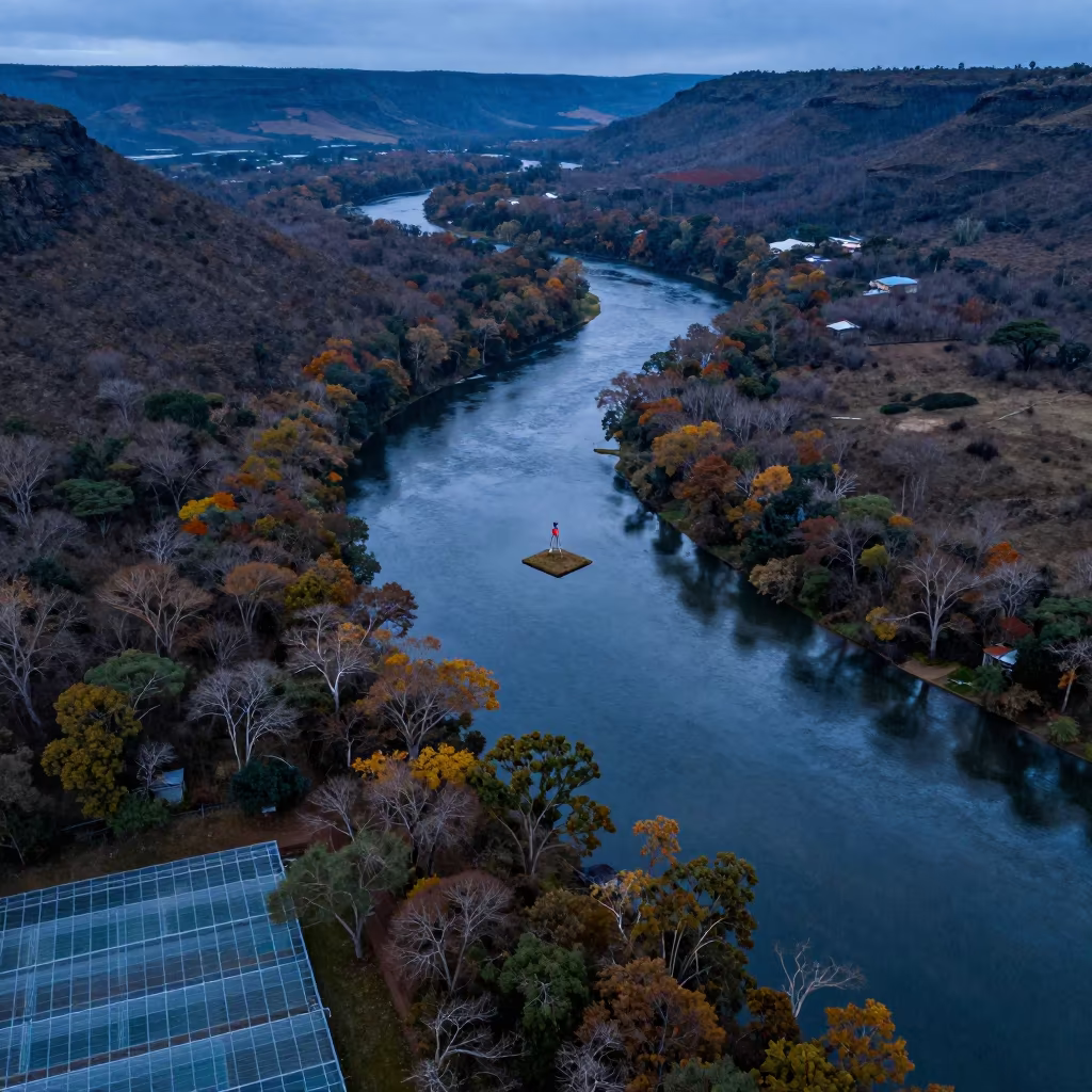 Floating River Through Autumn Forest Canopy in high over greenhouse grids in South Africa