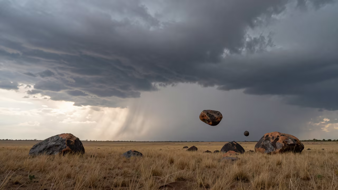 Floating Rocks Beneath Virga Rain Clouds in across a storm-bright plain near Nacala