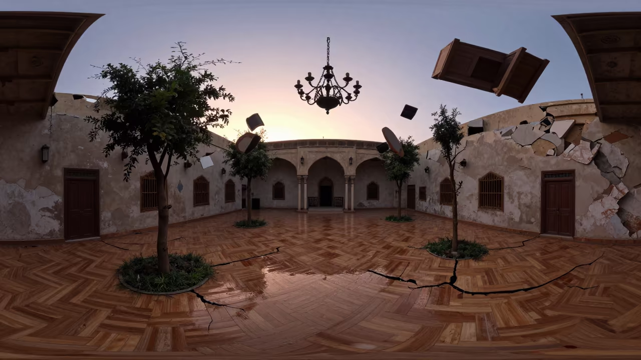 Floating Ruins Yemen Ballroom Monsoon in inside a collapsed lobby under broken plaster in Yemen