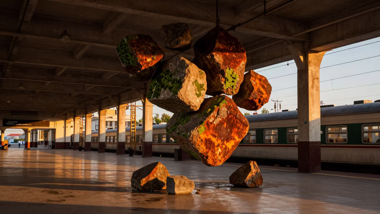 Floating Rust and Moss on Stone in Golden Light in inside a restored train terminal in Semey