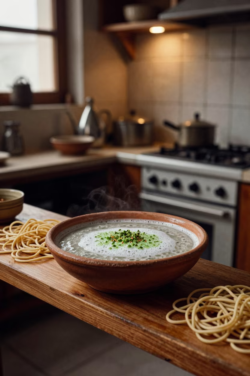 Floating Saltah Bowl in Tehran Noodle Counter in at a noodle counter in Laleh Park, Tehran