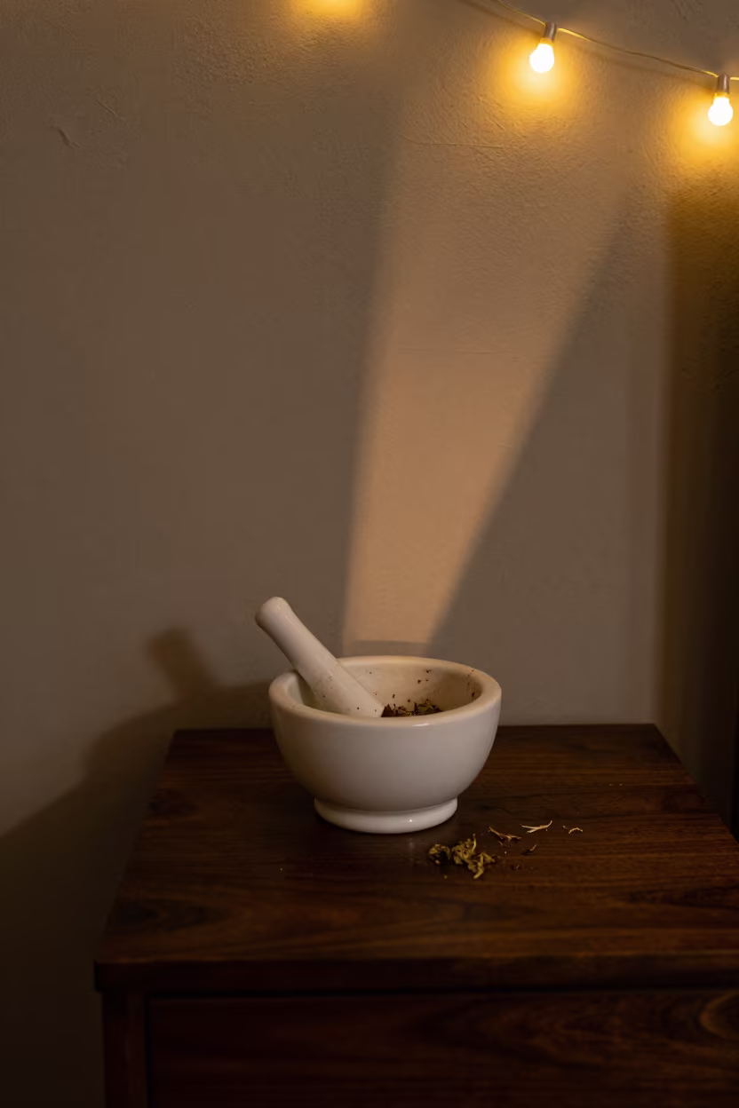 Floating Shadows Porcelain Mortar Bedside in on a bedside table in Oslo