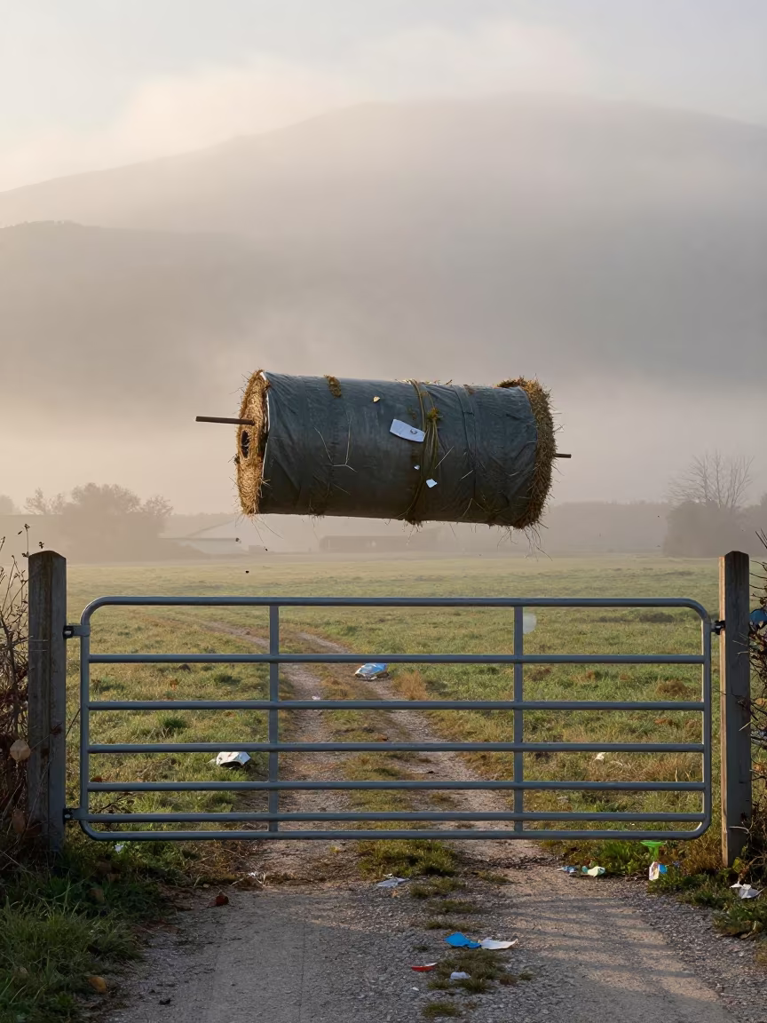 Floating Silage Stand Misty Albanian Dawn in beside a pasture gate in Albania