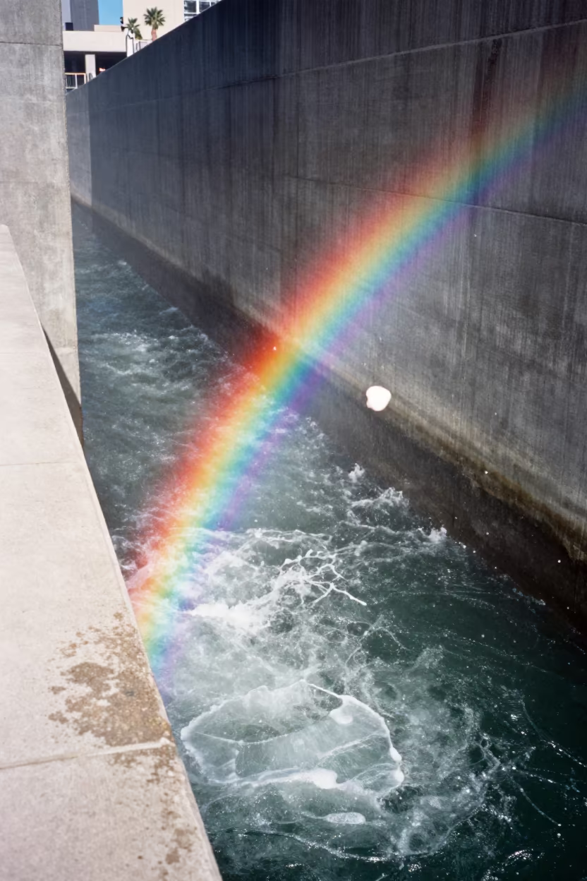 Floating Spray Rainbow Above Tucson Canyon Walls in along concrete walls above turbulent water in Tucson