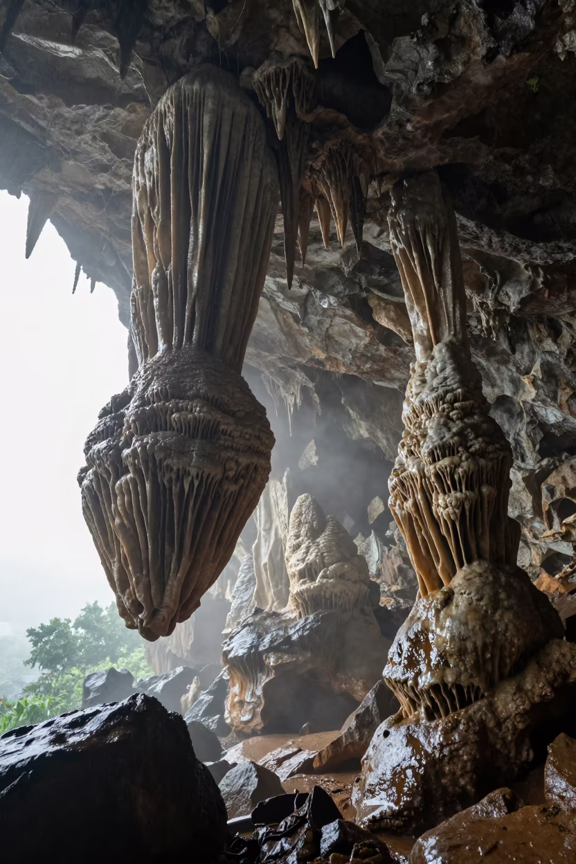 Floating Stalactites in Misty Malaysian Cave in near Kuala Lumpur