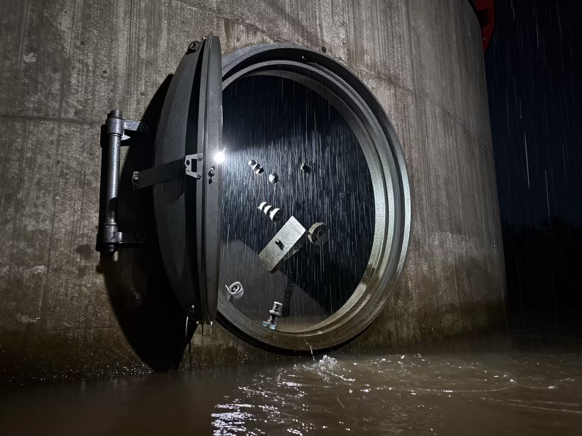 Floating Steel Hatch Over Bonn Floodwater at Night in along a levee path above floodwater near Bonn