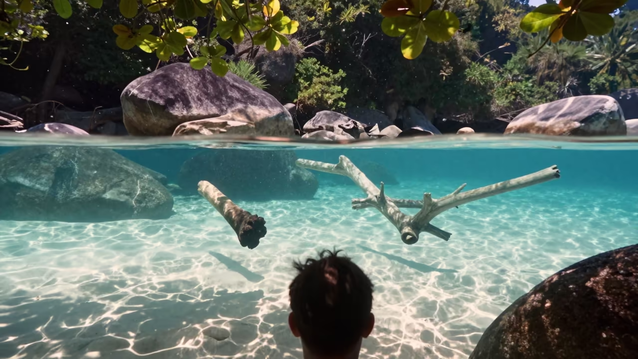 Floating Stones in Thai Lagoon Under Dappled Light in beside a volcanic drop-off in Thailand