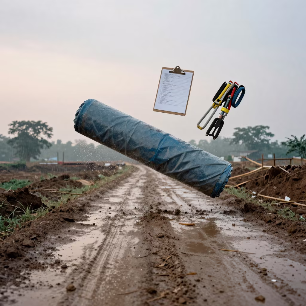 Floating Weld Blanket Roll at Dawn in Bundi in at a muddy site access road in Bundi